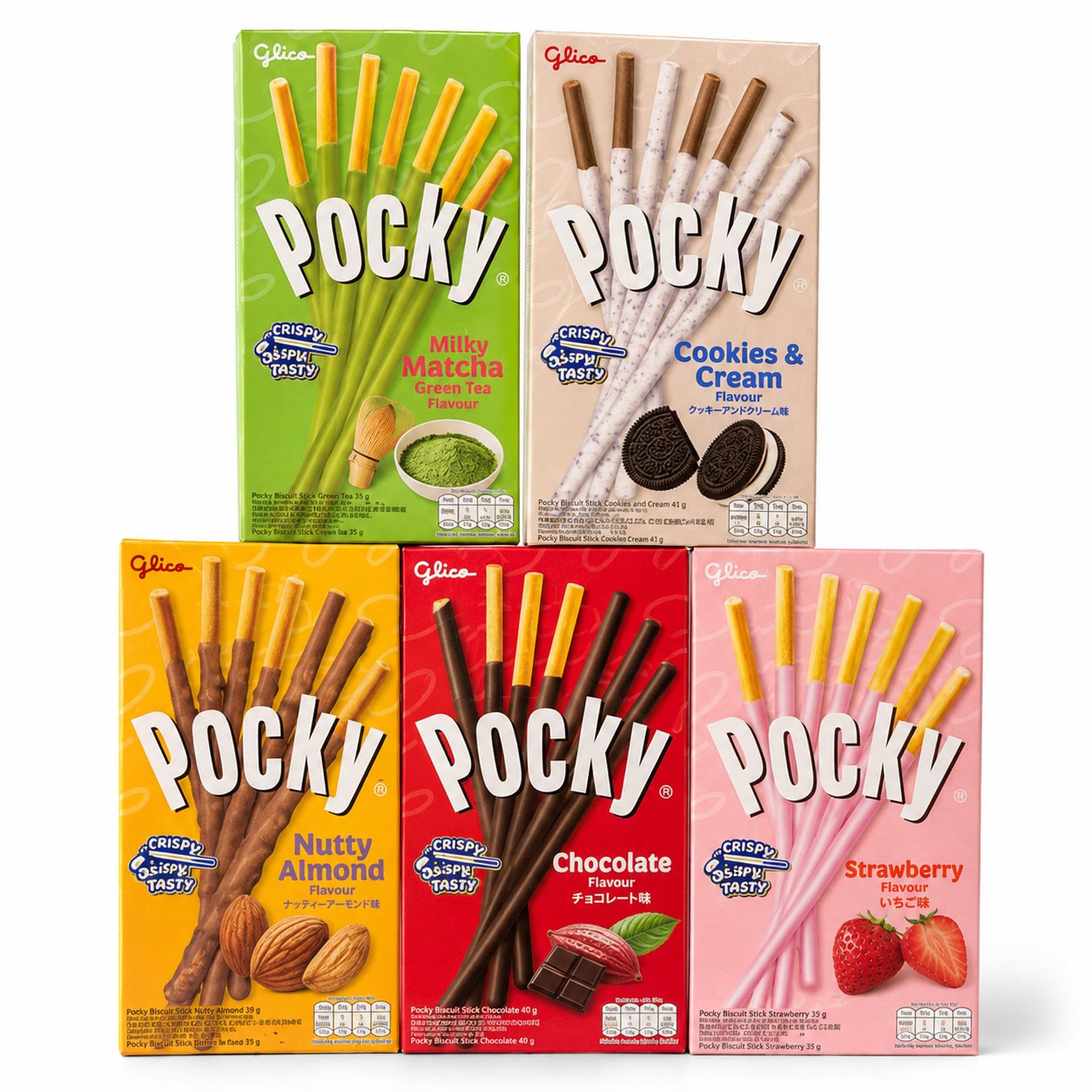Glico Pocky Assorted Variety Pack, 5 Boxes – Matcha, Cookies & Cream, Nutty Almond, Chocolate & Strawberry Biscuit Sticks, 194g Total, Snack Gift & Sharing Pack