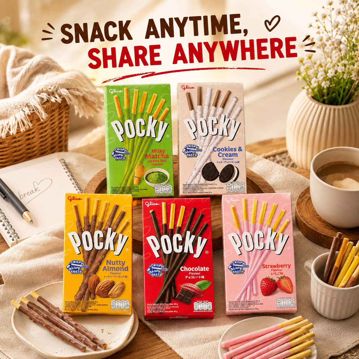 Glico Pocky Assorted Variety Pack, 5 Boxes – Matcha, Cookies & Cream, Nutty Almond, Chocolate & Strawberry Biscuit Sticks, 194g Total, Snack Gift & Sharing Pack