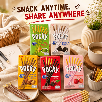Glico Pocky Assorted Variety Pack, 5 Boxes – Matcha, Cookies & Cream, Nutty Almond, Chocolate & Strawberry Biscuit Sticks, 194g Total, Snack Gift & Sharing Pack