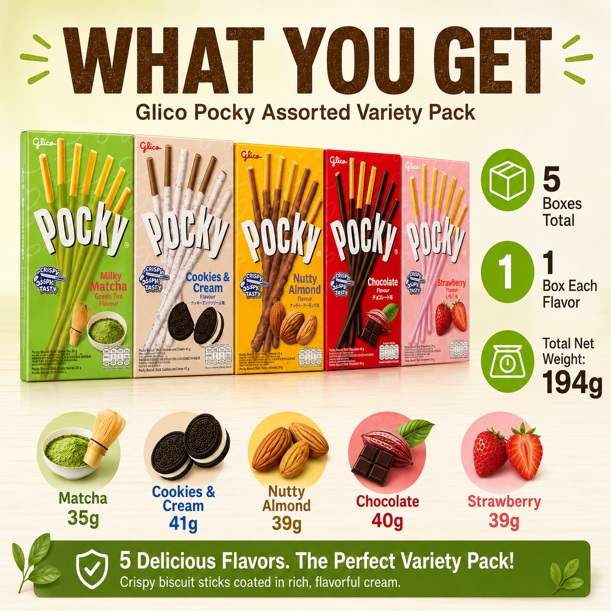 Glico Pocky Assorted Variety Pack, 5 Boxes – Matcha, Cookies & Cream, Nutty Almond, Chocolate & Strawberry Biscuit Sticks, 194g Total, Snack Gift & Sharing Pack