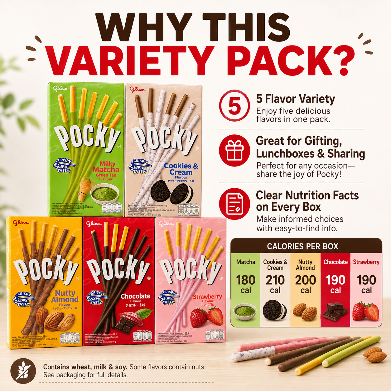 Glico Pocky Assorted Variety Pack, 5 Boxes – Matcha, Cookies & Cream, Nutty Almond, Chocolate & Strawberry Biscuit Sticks, 194g Total, Snack Gift & Sharing Pack