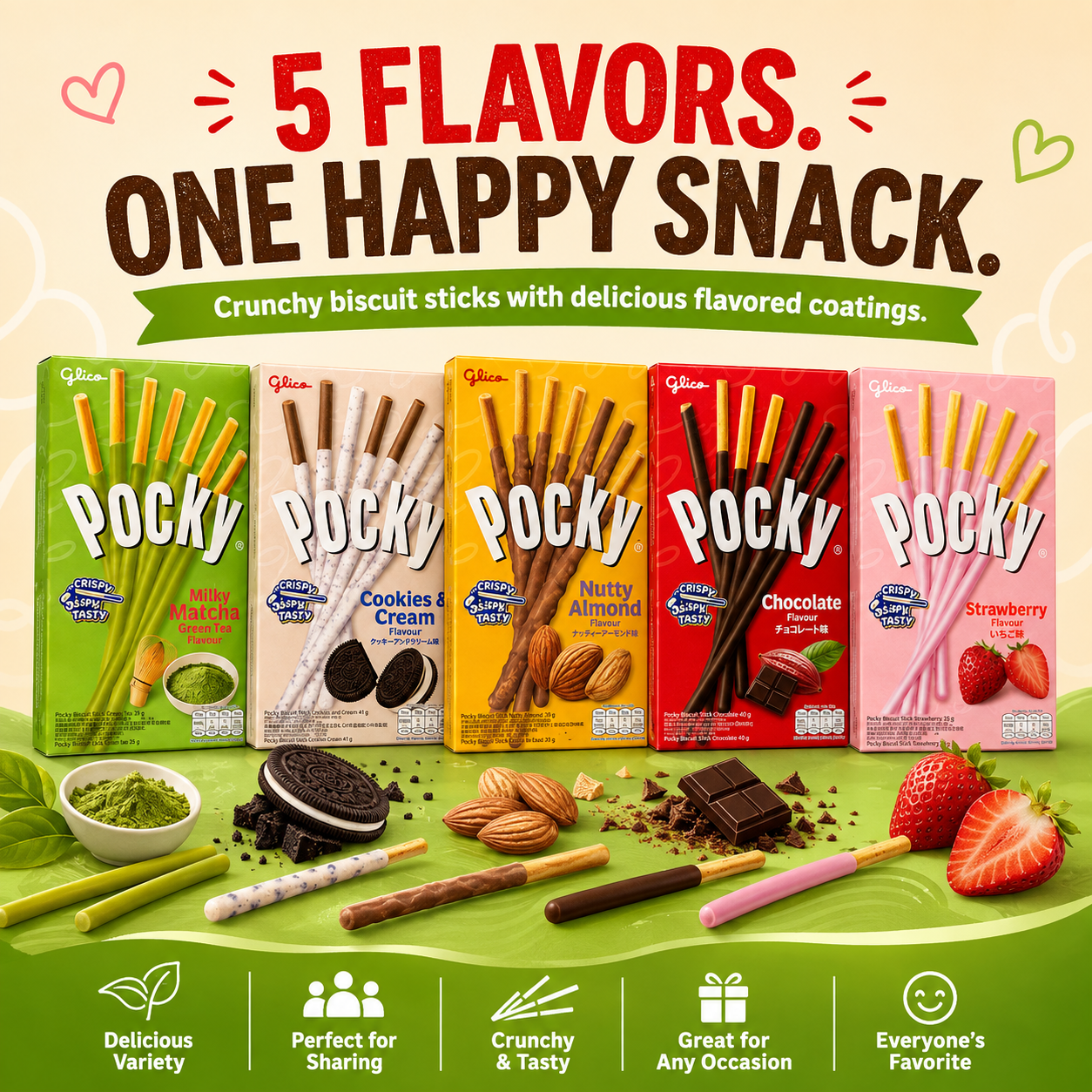 Glico Pocky Assorted Variety Pack, 5 Boxes – Matcha, Cookies & Cream, Nutty Almond, Chocolate & Strawberry Biscuit Sticks, 194g Total, Snack Gift & Sharing Pack
