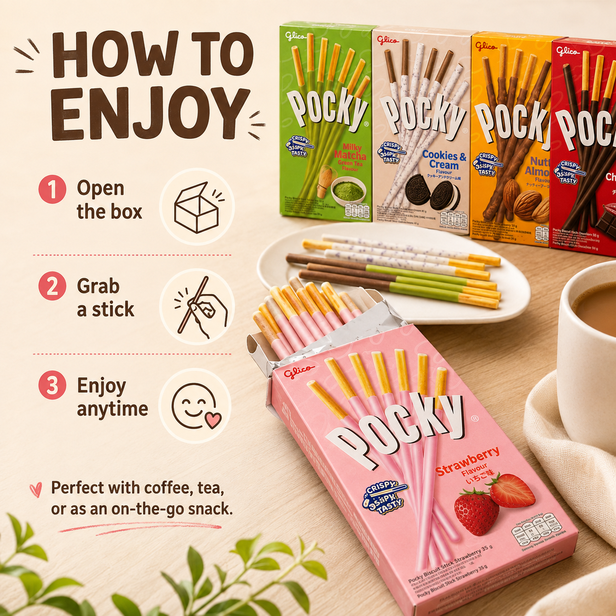 Glico Pocky Assorted Variety Pack, 5 Boxes – Matcha, Cookies & Cream, Nutty Almond, Chocolate & Strawberry Biscuit Sticks, 194g Total, Snack Gift & Sharing Pack