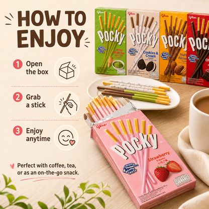 Glico Pocky Assorted Variety Pack, 5 Boxes – Matcha, Cookies & Cream, Nutty Almond, Chocolate & Strawberry Biscuit Sticks, 194g Total, Snack Gift & Sharing Pack
