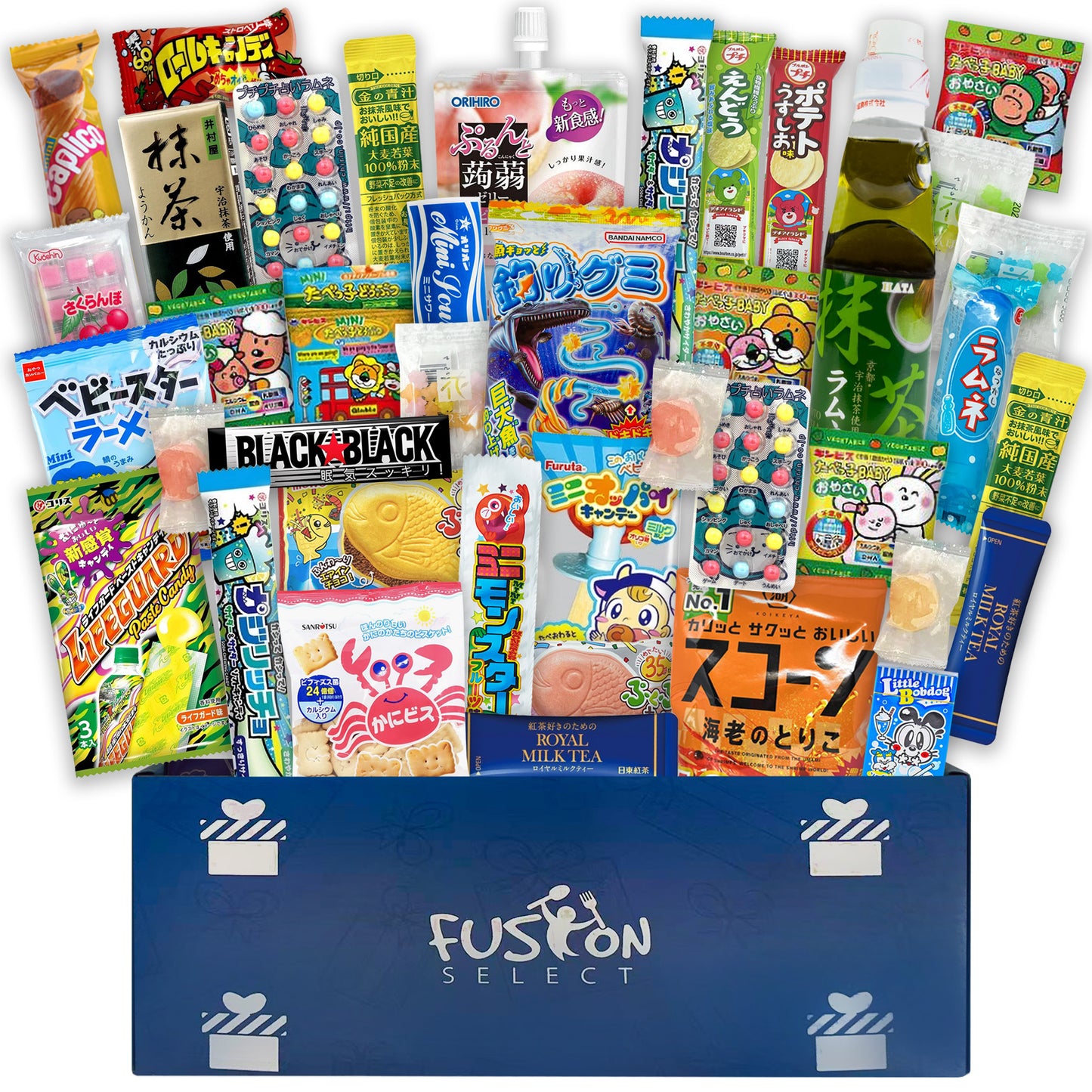 Fusion Select 40 Japanese Snack Box - Assorted Dagashi Box from Japan with Bubble Gum, Peach Juice, Fish-Shaped Wafer, Potato Crisps, Animal-Shaped Biscuits, Corn Chips, Gummies, Milk Candy