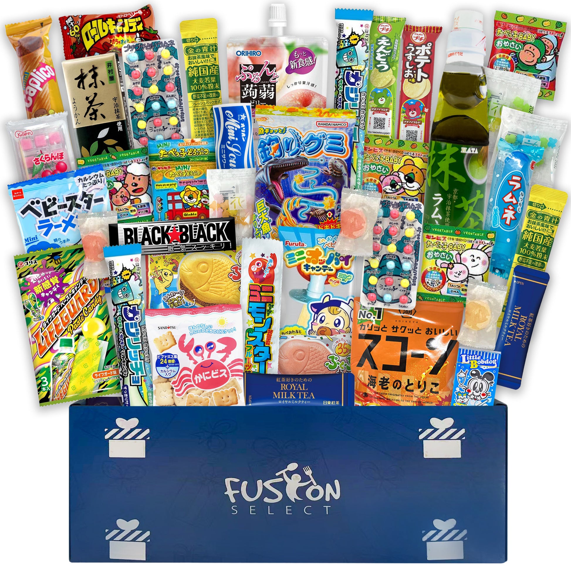 Fusion Select 40 Japanese Snack Box - Assorted Dagashi Box from Japan with Bubble Gum, Peach Juice, Fish-Shaped Wafer, Potato Crisps, Animal-Shaped Biscuits, Corn Chips, Gummies, Milk Candy