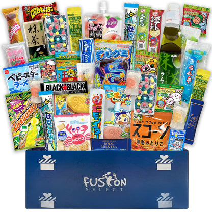 Fusion Select 40 Japanese Snack Box - Assorted Dagashi Box from Japan with Bubble Gum, Peach Juice, Fish-Shaped Wafer, Potato Crisps, Animal-Shaped Biscuits, Corn Chips, Gummies, Milk Candy