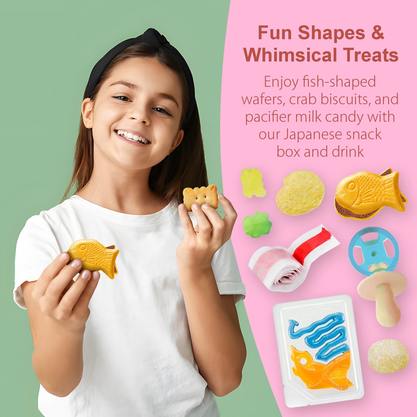 Fusion Select 40 Japanese Snack Box - Assorted Dagashi Box from Japan with Bubble Gum, Peach Juice, Fish-Shaped Wafer, Potato Crisps, Animal-Shaped Biscuits, Corn Chips, Gummies, Milk Candy